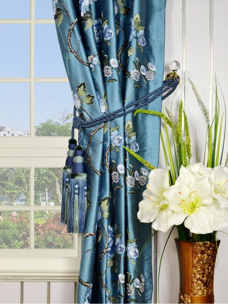 Halo Embroidered Peony Grommet Dupioni Silk Curtains Tassel Tiebacks