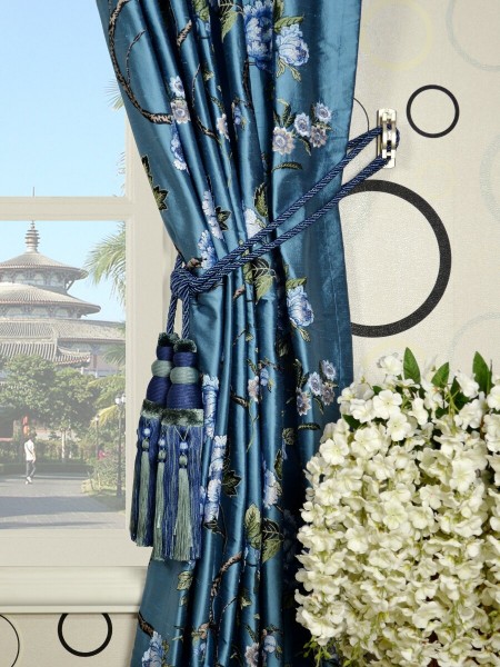 Halo Embroidered  Peony Back Tab Dupioni Silk Curtains Tassel Tiebacks