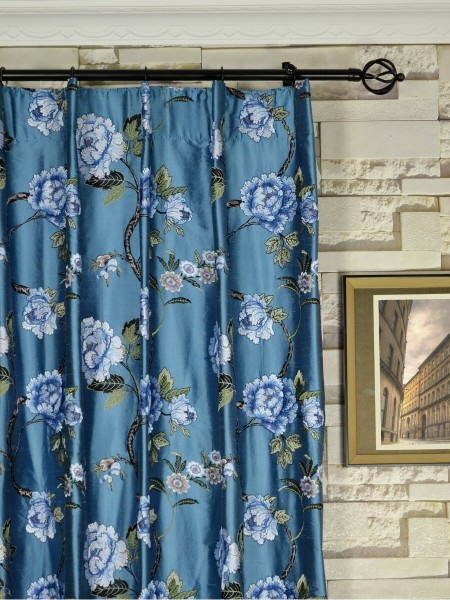 Halo Embroidered Elegant Peony Dupioni Silk Custom Made Curtains (Heading: Single Pinch Pleat)