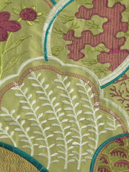 Halo Embroidered Lively Plants Dupioni Silk Fabrics (Color: Olive)