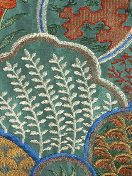 Halo Embroidered Lively Plants Dupioni Silk Fabric Sample (Color: Teal green)