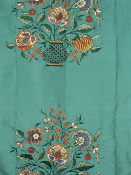 Halo Embroidered Vase Grommet Dupioni Silk Curtains (Color: Teal green)