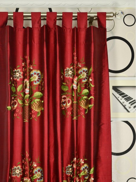 Halo Embroidered Vase Tab Top Dupioni Silk Curtains Heading Style