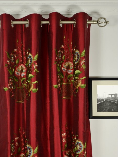 Halo Embroidered Vase Grommet Dupioni Silk Curtains Heading Style