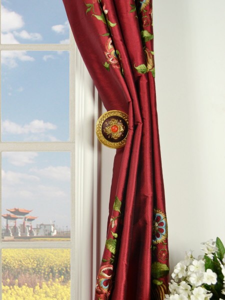 Halo Embroidered Vase Grommet Dupioni Silk Curtains Holdbacks