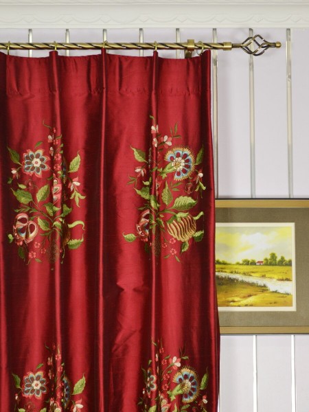 Halo Embroidered Vase Single Pinch Pleat Dupioni Silk Curtains Heading Style