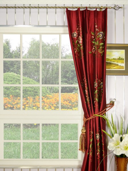 Halo Embroidered Vase Single Pinch Pleat Dupioni Silk Curtains