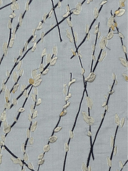 Halo Trendy Embroidered Plants Back Tab Dupioni Silk Curtains (Color: Ash grey)