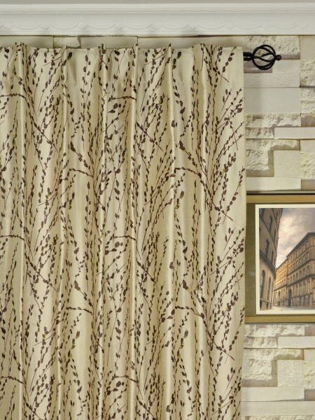 Halo Trendy Embroidered Plants Dupioni Silk Custom Made Curtains (Heading: Back Tab)