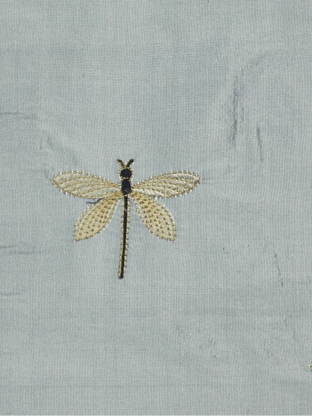 Halo Embroidered Dragonflies Dupioni Silk Fabric Sample (Color: Ash grey)