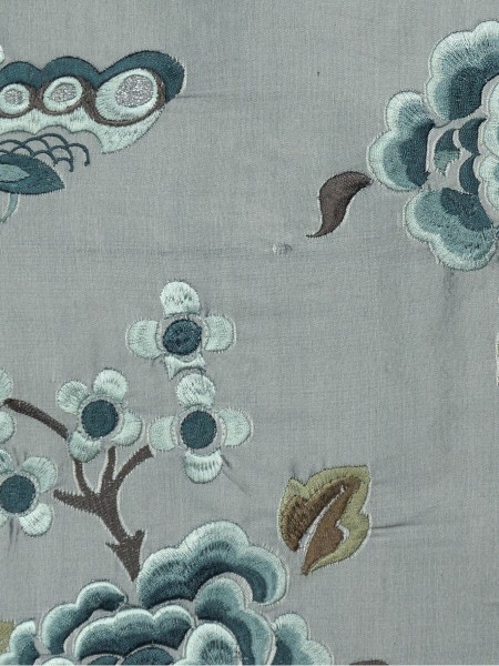 Halo Embroidered Hollyhocks Dupioni Silk Custom Made Curtains (Color: Ash grey)