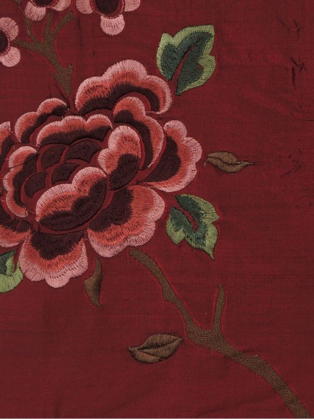 Halo Embroidered Hollyhocks Grommet Dupioni Silk Curtains (Color: Burgundy)