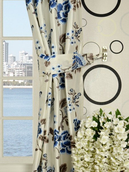 Halo Embroidered Hollyhocks Grommet Dupioni Silk Curtains Decorative Tiebacks