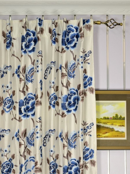 Halo Embroidered Hollyhocks Back Tab Dupioni Silk Curtains Heading Style