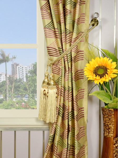 Halo Embroidered Ripple-shaped Versatile Pleat Dupioni Silk Curtains Tassel Tiebacks