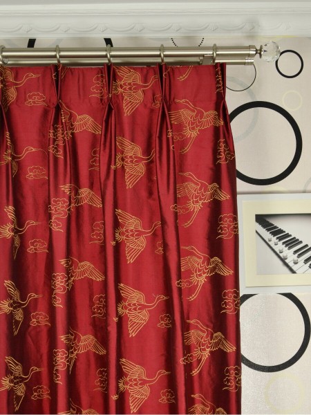 Halo Embroidered Cranes Double Pinch Pleat Dupioni Silk Curtains Heading Style