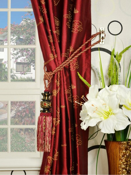 Halo Embroidered Cranes Double Pinch Pleat Dupioni Silk Curtains Tassel Tiebacks