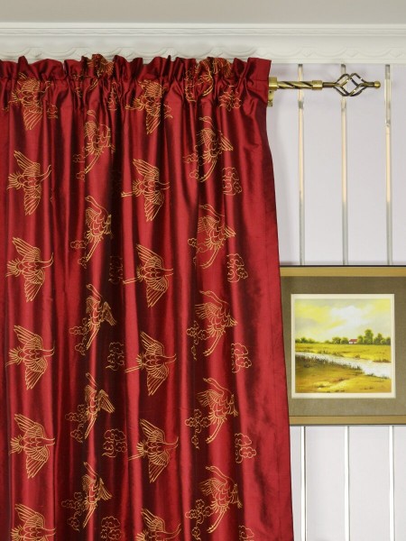 Halo Embroidered Cranes Rod Pocket Dupioni Silk Curtains