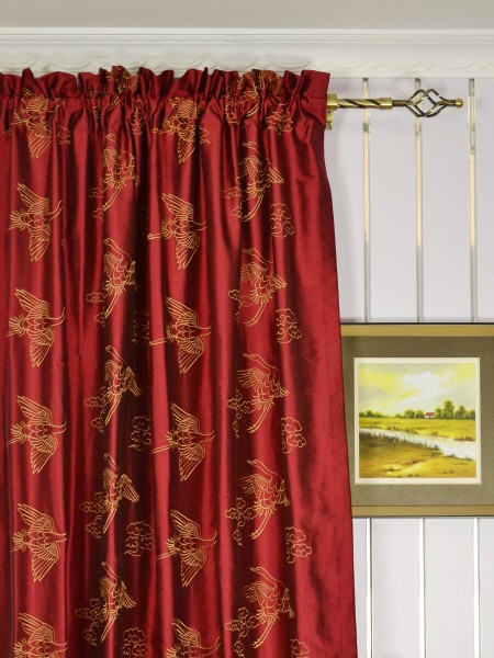 Halo Embroidered Cranes Dupioni Silk Custom Made Curtains (Heading: Rod Pocket)