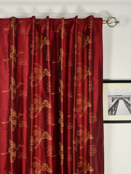 Halo Embroidered Cranes Dupioni Silk Custom Made Curtains (Heading: Back Tab)