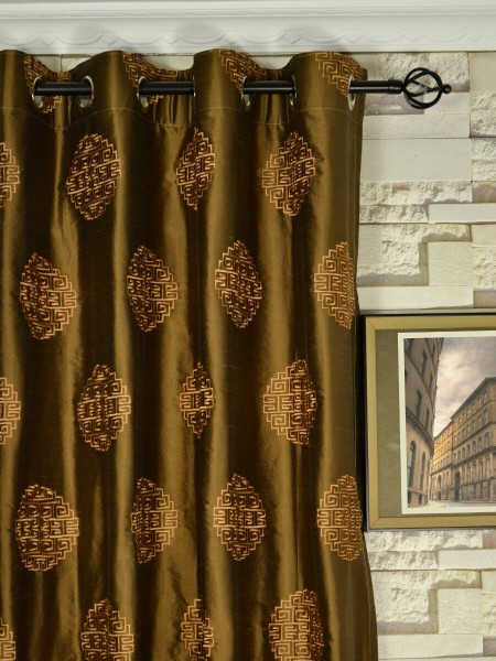 Halo Embroidered Chinese-inspired Grommet Dupioni Silk Curtains Heading Style