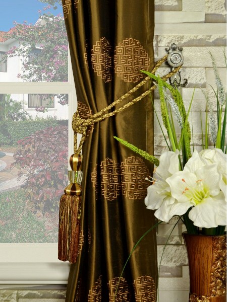 Halo Embroidered Chinese-inspired Grommet Dupioni Silk Curtains Tassel Tiebacks