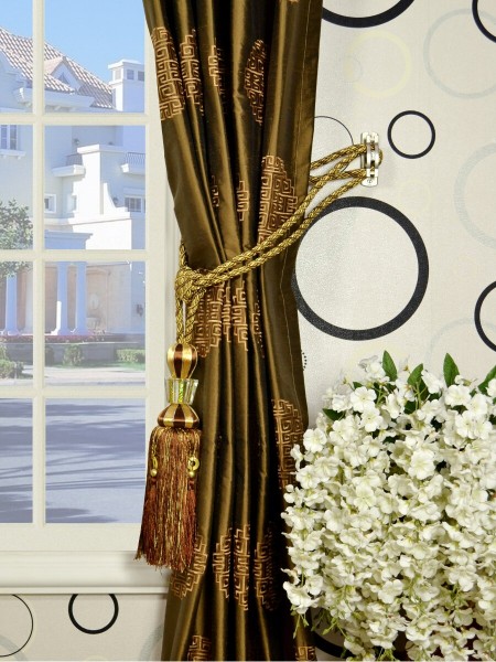 Halo Embroidered Chinese-inspired Single Pinch Pleat Dupioni Silk Curtains Tassel Tiebacks