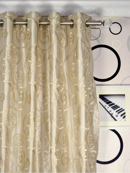 Rainbow Embroidered Scroll Grommet Dupioni Silk Curtains Heading Style