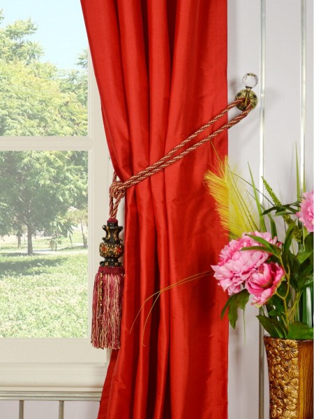 Oasis Solid-color Grommet Dupioni Silk Curtains Tassel Tiebacks