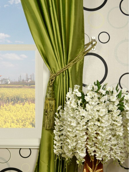 Oasis Crisp Plain Tab Top Dupioni Silk Curtains Tassel Tiebacks