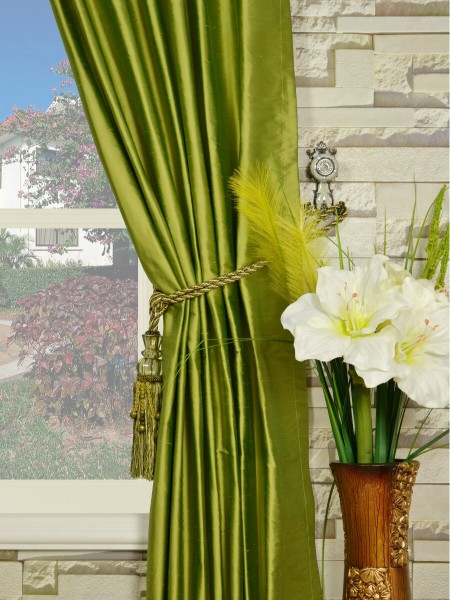 Oasis Crisp Plain Back Tab Dupioni Silk Curtains Tassel Tiebacks