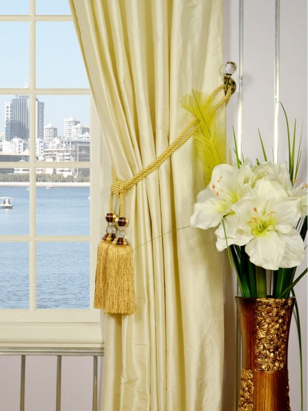 Oasis Traditional Solid Back Tab Dupioni Silk Curtains Tassel Tiebacks