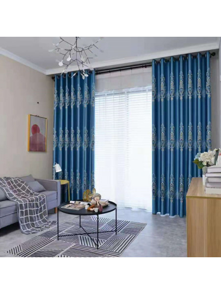 QYFL1121A Wrangell European Flowers Blue Jacquard Custom Made Curtains For Living Room