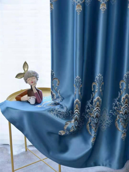 QYFL1121A Wrangell European Flowers Blue Jacquard Custom Made Curtains For Living Room