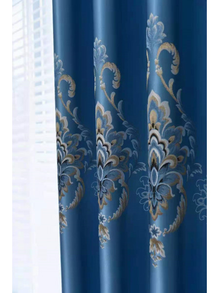 QYFL1121A Wrangell European Flowers Blue Jacquard Custom Made Curtains For Living Room(Color: Blue)