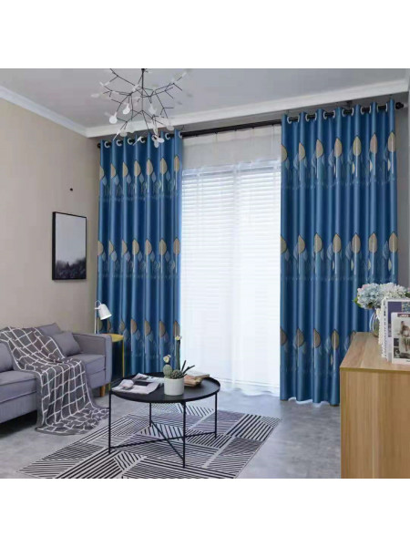 QYFL1121B Wrangell European Leaves Blue Grey Jacquard Custom Made Curtains For Living Room