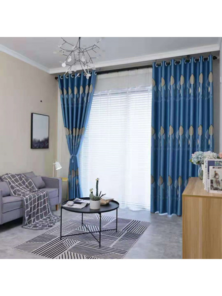 QYFL1121B Wrangell European Leaves Blue Grey Jacquard Custom Made Curtains For Living Room