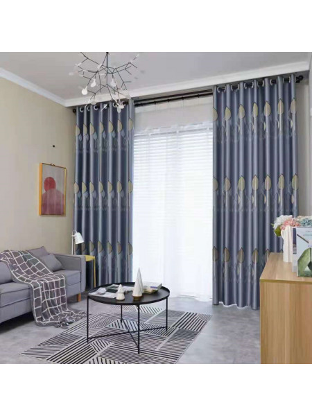QYFL1121B Wrangell European Leaves Blue Grey Jacquard Custom Made Curtains For Living Room