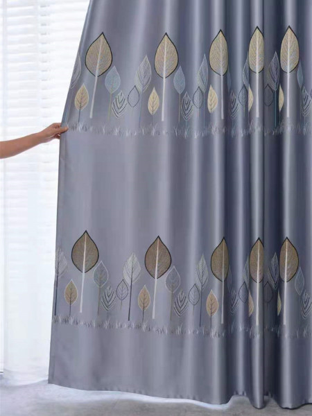 QYFL1121B Wrangell European Leaves Blue Grey Jacquard Custom Made Curtains For Living Room (Color: Grey)