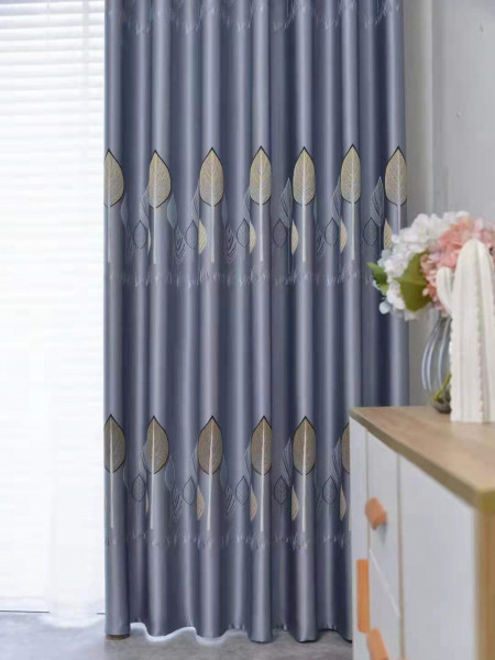 QYFL1121B Wrangell European Leaves Blue Grey Jacquard Custom Made Curtains For Living Room