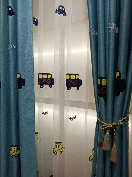 QYFL1221B Yukon Children Embroidered Toy Car Grey Blue Custom Made Curtains