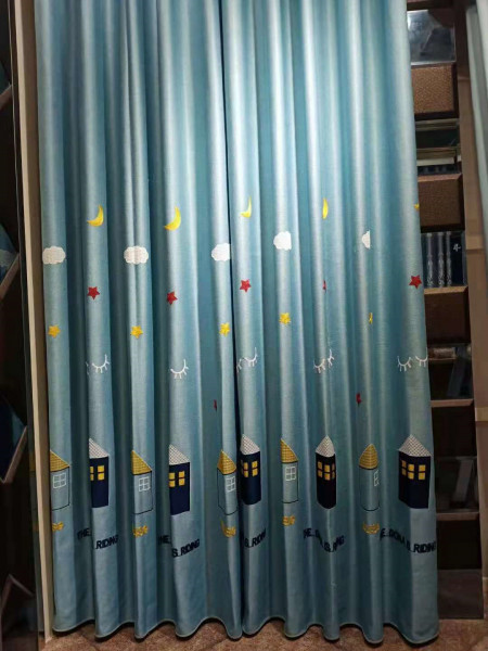 QYFL1221E Yukon Children Embroidered Houses And Starry Sky Grey Blue Pink Custom Made Curtains