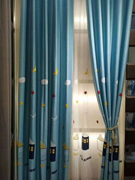 QYFL1221E Yukon Children Embroidered Houses And Starry Sky Grey Blue Pink Custom Made Curtains(Color: Blue)