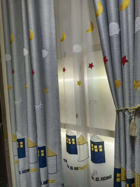 QYFL1221E Yukon Children Embroidered Houses And Starry Sky Grey Blue Pink Custom Made Curtains(Color: Grey)