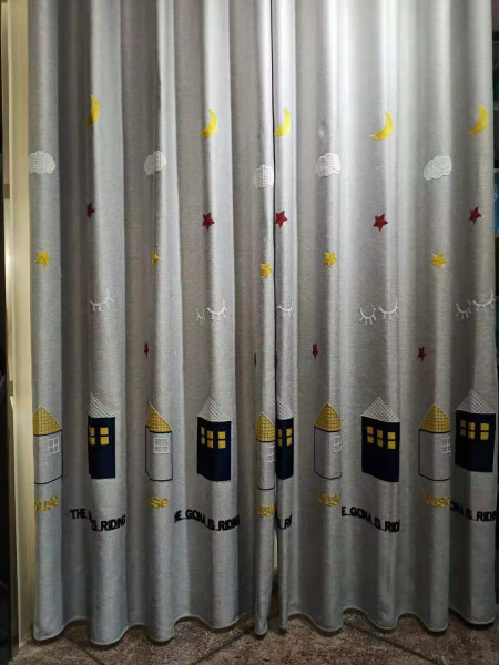 QYFL1221E Yukon Children Embroidered Houses And Starry Sky Grey Blue Pink Custom Made Curtains