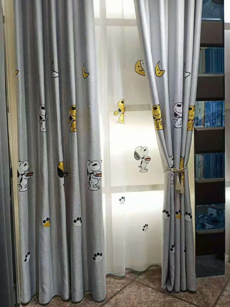 QYFL1221G Yukon Children Embroidered Snoopy Grey Blue Custom Made Curtains(Color: Grey)