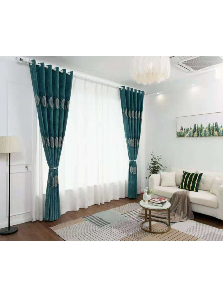 QYFL1321C Wrangell European Leaves Blue Grey Purple Jacquard Velvet Custom Made Curtains For Living Room(Color: Green blue)