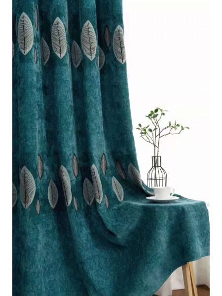 QYFL1321C Wrangell European Leaves Blue Grey Purple Jacquard Velvet Custom Made Curtains For Living Room