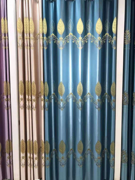 QYFL1821B On Sales Rainier Brocade Faux Silk Leaves Grey Beige Blue Purple Custom Made Curtains
