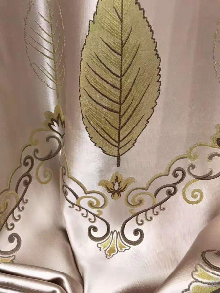 QYFL1821B On Sales Rainier Brocade Faux Silk Leaves Grey Beige Blue Purple Custom Made Curtains(Color: Beige)